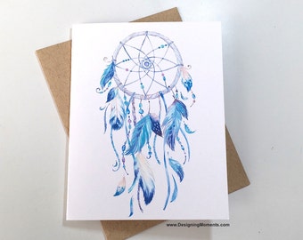 Boho Dreamcatcher Note Cards - Tribal Stationery - Dream Catcher Cards - Blue Watercolor Tribal Note Cards DM536