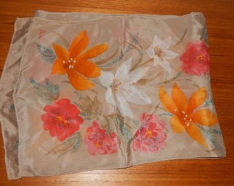 Vintage Beige with Pink, Gold, and White Flowers Scarf by Vera Neumann
