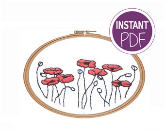 Hand Embroidery Pattern, Poppies embroidery design, Poppy hand embroidery chart - Embroidery pdf