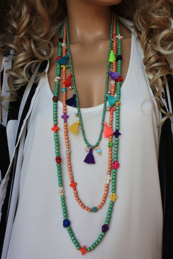 3 PCS Wooden Tassel Long Boho Necklace Set by monroejewelry