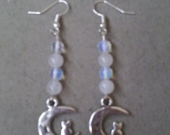 White Jade and Opalite Cat on the Moon Earrings