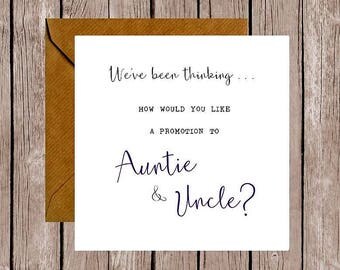 We've Been Thinking... How Would You Like a Promotion to Auntie & Uncle Pregnancy Announcement Card