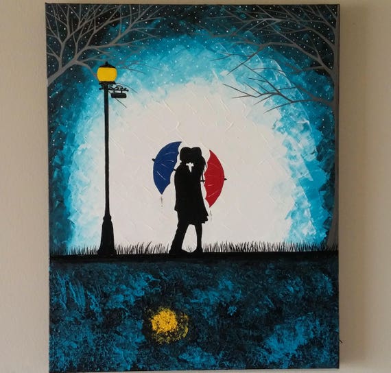 SALE Original Couple in rain paintingCouple kissing in the