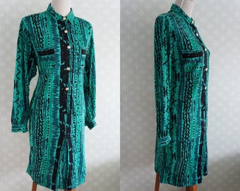 Tessuto di Falconetto Italian made Vintage dress. Vintage italian shirt dress. Emerald green and black dress.