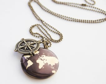 World Locket, Wander Locket, Travel Locket, Traveller Locket, Wander Necklace, Compass Locket Necklace, Photo Locket, World Traveller Locket