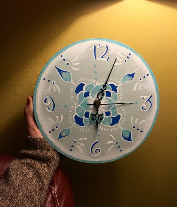 Hand Painted Solid Wood Clock Blue and by MelissaWynneDesigns