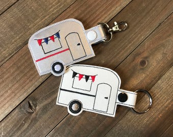 Camper Keychain, Camper Keyfob, Camper Bag Tag, Camper Zipper Pull, You choose from 70 Colors!