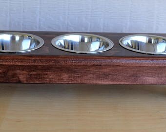 3 Bowl CAT, or Dog, FEEDER TABLE! Hand Crafted Wood, Raised 4"" w/ Stainless Steel Bowls! Keep Your Feeding Area Neater and Cleaner!