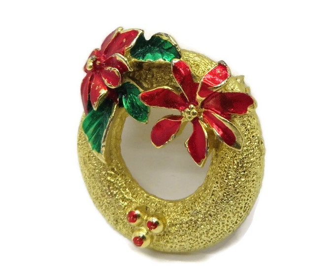 Christmas Wreath Brooch, Vintage Gold Tone Small Holiday Pin, Stocking Stuffer