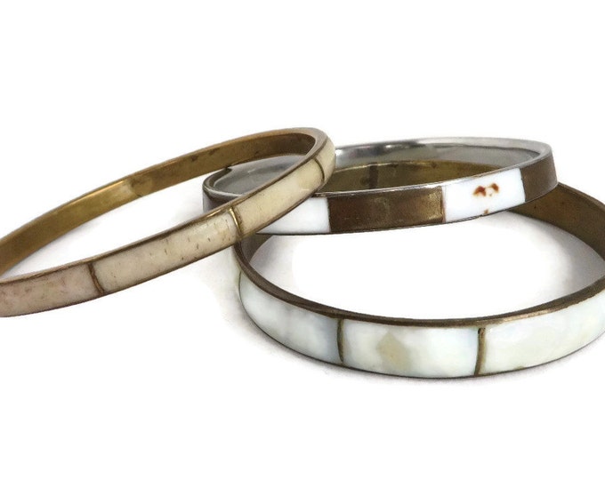 Brown and Cream MOP Bangle Trio, Vintage Mother of Pearl Inlay Bangles