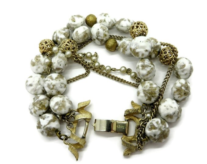 Vintage Kramer White and Gold Beaded Multistrand Bracelet