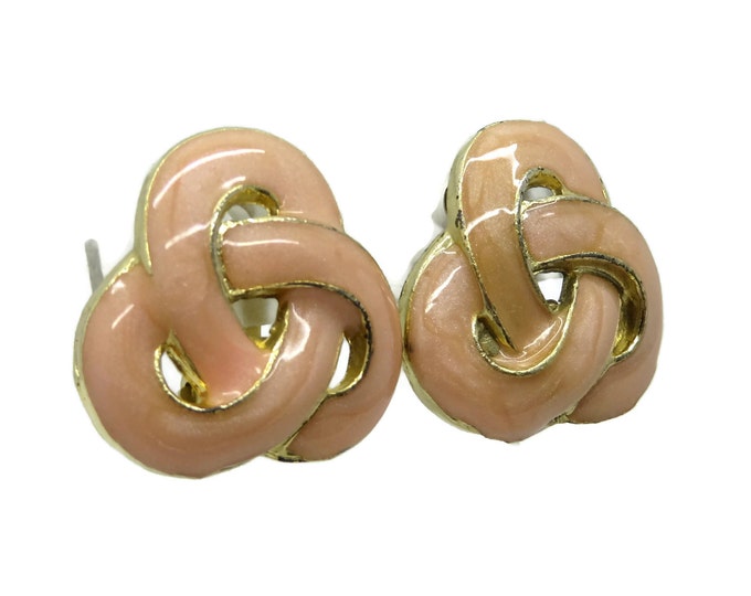 Celtic Knot Earrings, Vintage Salmon Pink Earrings, Enameled Goldtone Clip-on Earrings