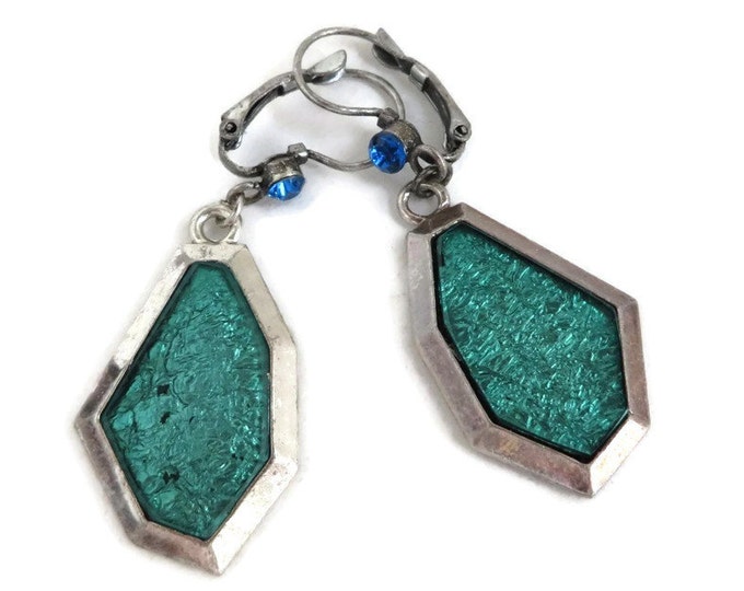 Vintage Green Blue Silvertone Boho Dangling Leverback Pierced Earrings