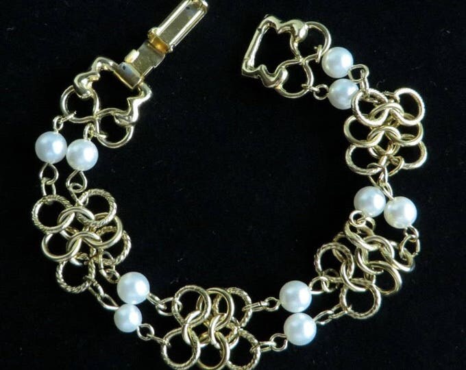 Goldette Bracelet, Vintage Faux Pearl, Gold Tone Link Bracelet, Gift for Her