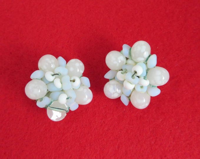 Hattie Carnegie Earrings - Vintage Blue & White Cluster Bead Earrings, Glass Beaded Clip-on Earrings, Gift For Her