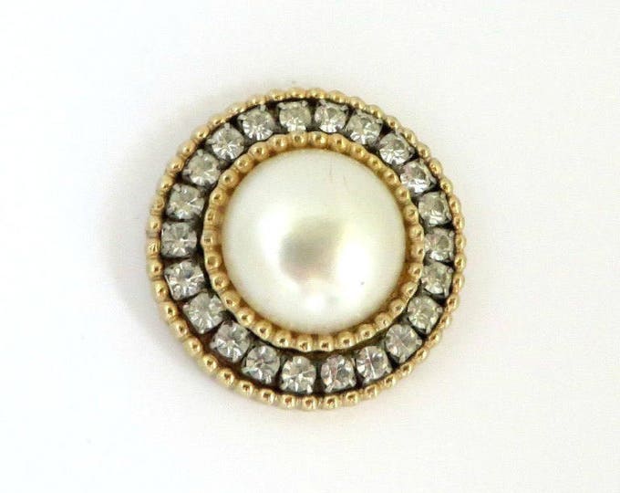 Vintage Faux Pearl Rhinestone Scarf Slide, Round Gold Tone Clip, Scarf Accessory