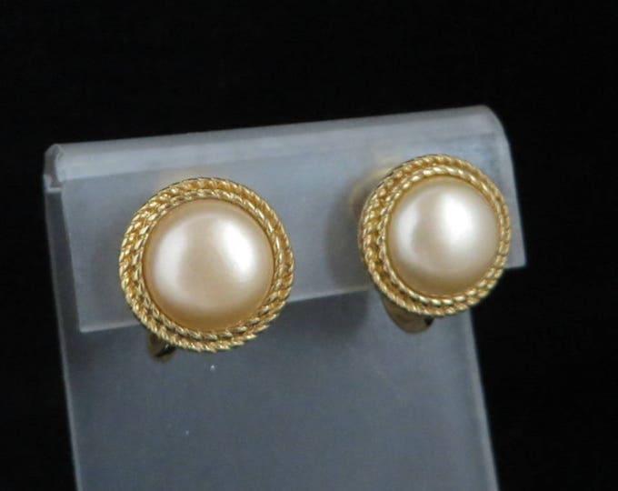 Crown Trifari Faux Pearl Earrings Vintage Braided Gold Tone Button Clip-ons Estate Costume Jewelry Designer Signed Clips
