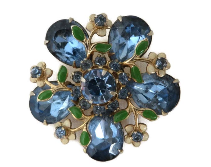 Blue Rhinestone Flower Brooch, Vintage Faux Jade Leaf Designer Runway Estate Jewelry Gift Idea