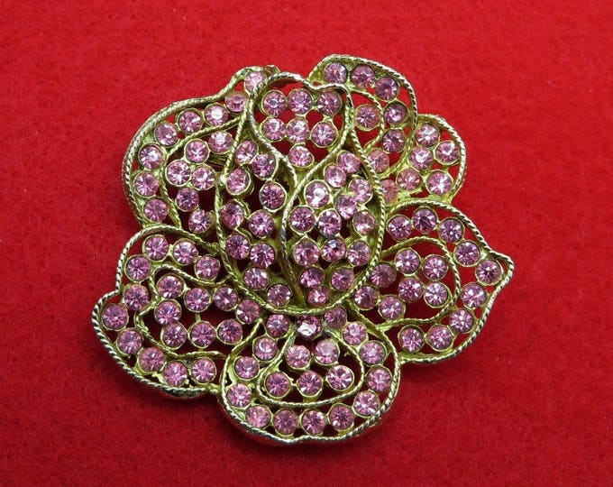 WEISS Pink Rhinestone Brooch Vintage Designer Signed Gold Tone Flower Pin Estate Runway Gift Idea