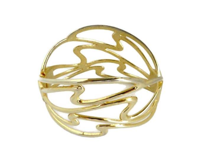 Vintage Abstract Clamper Bracelet, Gold Tone Hinged Cuff Modernist Design, Valentine's Day Gift