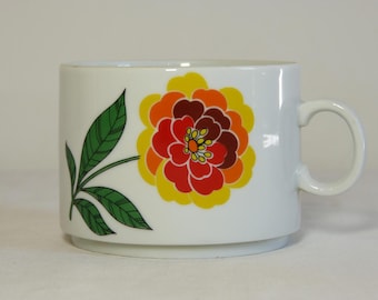 Orange & yellow flower TUSCIA Italy porcelain coffee mug - French 70s vintage