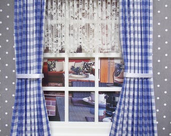 Handmade Miniature dolls house 1:12 scale curtains drapes with dark blue gingham with lace nets
