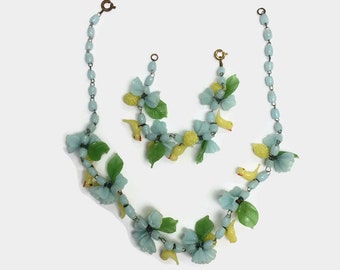 Japanese Poured Glass Necklace and Bracelet, Vintage 1950s Demi Parure, Blue and Yellow Glass Beads and Birds, Costume Jewelry