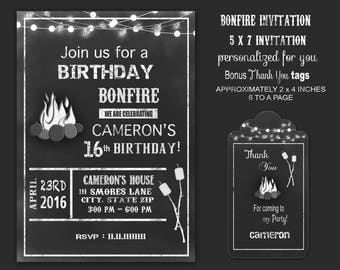 Bonfire invitation, Backyard Bonfire invitation bonfire birthday party, bonfire party chalk, black and white personalized for you digital