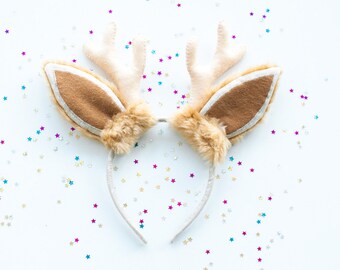 Woodland headband with deer ears and horns, Children Babies Photo Prop, light brown