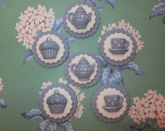 6 Vintage Shabby Chic tea party tea pot cup bun edible cupcake toppers cake decorations