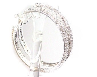 CLIP-ON Earrings Silver tone Crystal Rhinestone Double Paved Hoop Earrings 2.75 inch Hoops