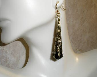 Girls Long Dangle Earrings, Womens Fashion Earrings, Gold Filigree Black Ethnic Style Earrings, Costume Jewelry, Pretty Drop Earrings, Girls