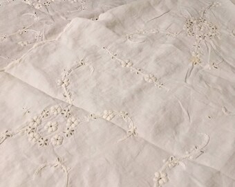 Tablecloth; 36" round cotton eyelet embroidery; in good condition with one or two small areas of discoloration; only needs a little ironing!