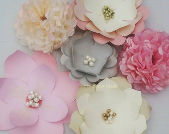 Large paper flowers, pink, gray, cream, gold, blush set of 6 flowers in premium cardstock and tissue for backdrops and photos