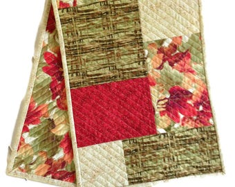 Fall or Autumn Quilted Table Runner in Green, Orange, Red and Gold, Autumn Table Cloth, Fall Table Scarf, Fall Table decor, Quiltsy Handmade