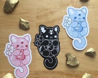 Kawaii Occult Kitty Sticker - ( Cute goth pastel black pink blue bow ouija moon bat crystal cat cats kitties halloween stickers )