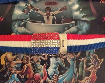 American belt- red, white and blue rhinestone buckle stripes U.S.A. Disco fever belt 70s retro.