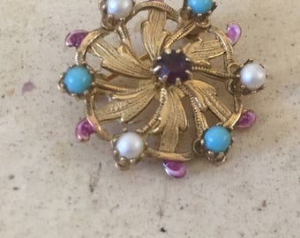 Vintage 50's FauxTurquoise , Pearl and Garnet glass Brooch.