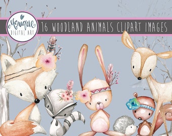 Woodland nursery animals clipart, watercolor, hand painted, floral, feathers, tree, fox, deer, squirrel, planner stickers, planner girl