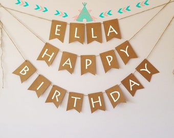 Personalised happy birthday banner bunting, teepee, arrow, tribal, wild and free, neutral party