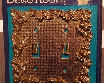 Antique Brass Double Light Switch Plate Cover, NIP Gold Floral Metal Hardware Home Decor from Deco Room by American Tack & Hardware Co.