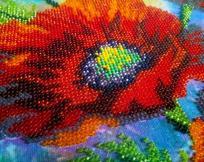 Seed Bead embroidered picture with red Poppy bouquet - flower wall art - hand embroidery - landscape picture - ready to ship