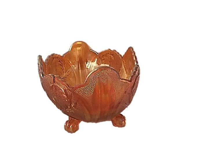 Carnival Glass Bowl in Lombardi-Iridescent Flora Gold by Jeannette - 4-Toed Footed Fruit Bowl,