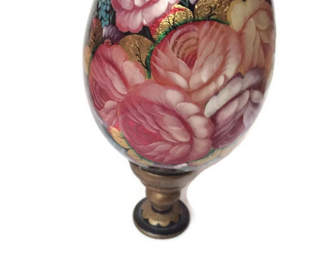 Russian Lacquerware Decorative Egg | Wooden Egg Painted Pink and Yellow Flowers with foiled elements signed Makarova in Cyrillic Mom Teen