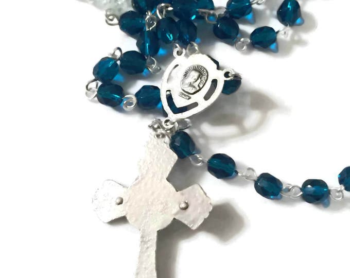 Blue Lazulite and Enameled Crucifix // Rosary Inspired Necklace // Mutistrand Necklace // Christian Jewelry Bride Mother Sacred Heart Mom