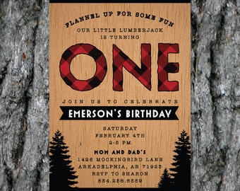 Lumberjack First Birthday Invitation | Custom Wood Texture, Trees and Flannel Plaid Invitation | Printable Digital Download | 5x7"
