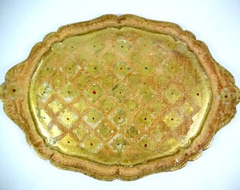 Vintage Italian Florentine Tray wood gold, pink salmon. Gold gilt