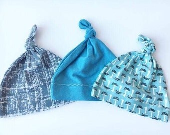 Knotted Baby Hat, Baby Boy Hat, Jersey Knit hat, Blue Baby Hat, Grey Baby hat, Mushroom Baby Hat, Blue Baby Hat