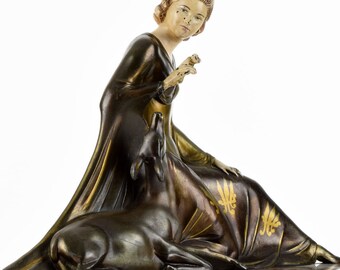 Rare French Art Deco Lady and Deer sculpture by ROGGIA MENNEVILLE circa 1920
