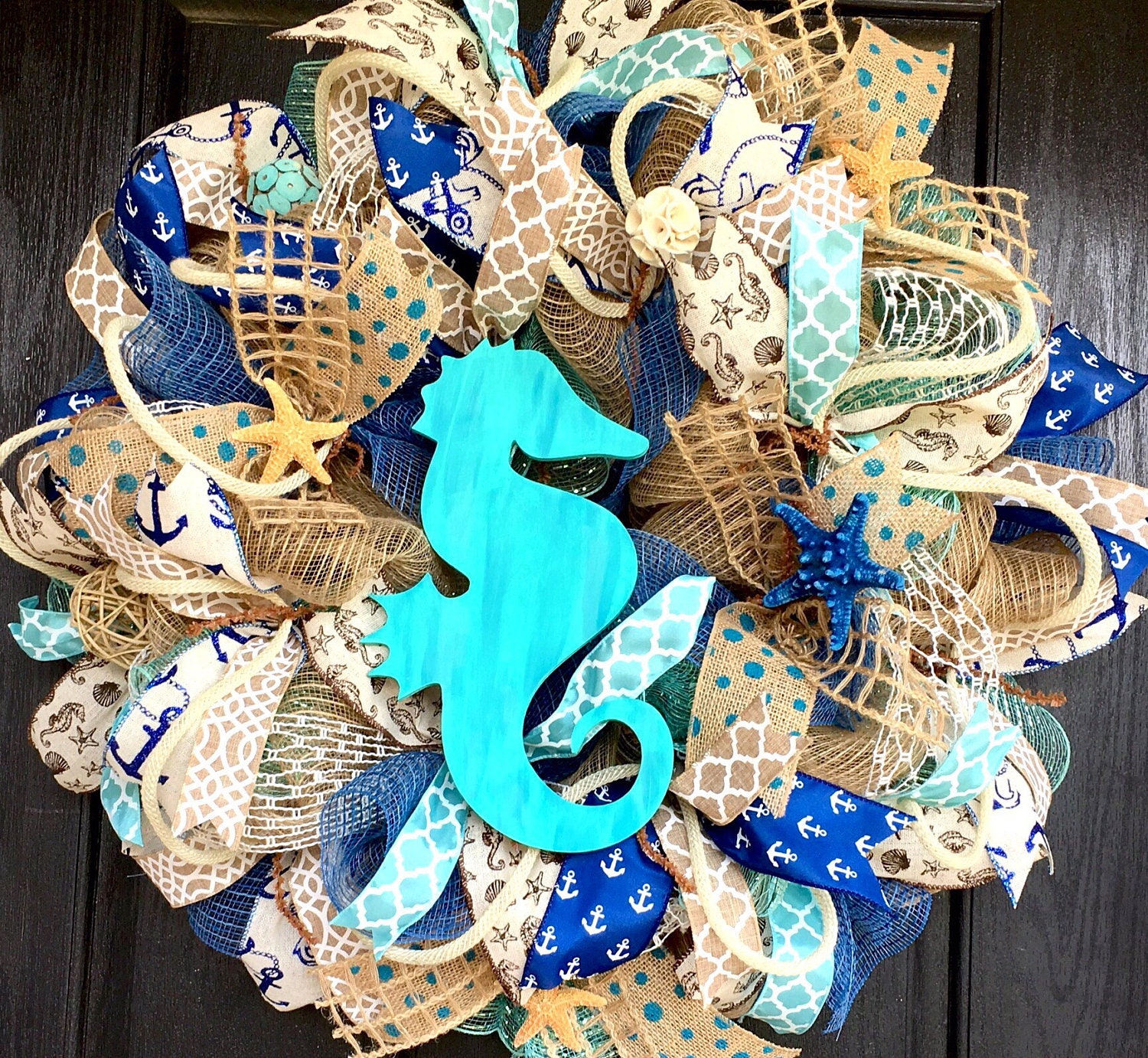 Summer deco mesh wreath,burlap nautical wreath, seahorse wreath, seahorse mesh wreath, beach wreath,front door beach wreath, nautical Wreath